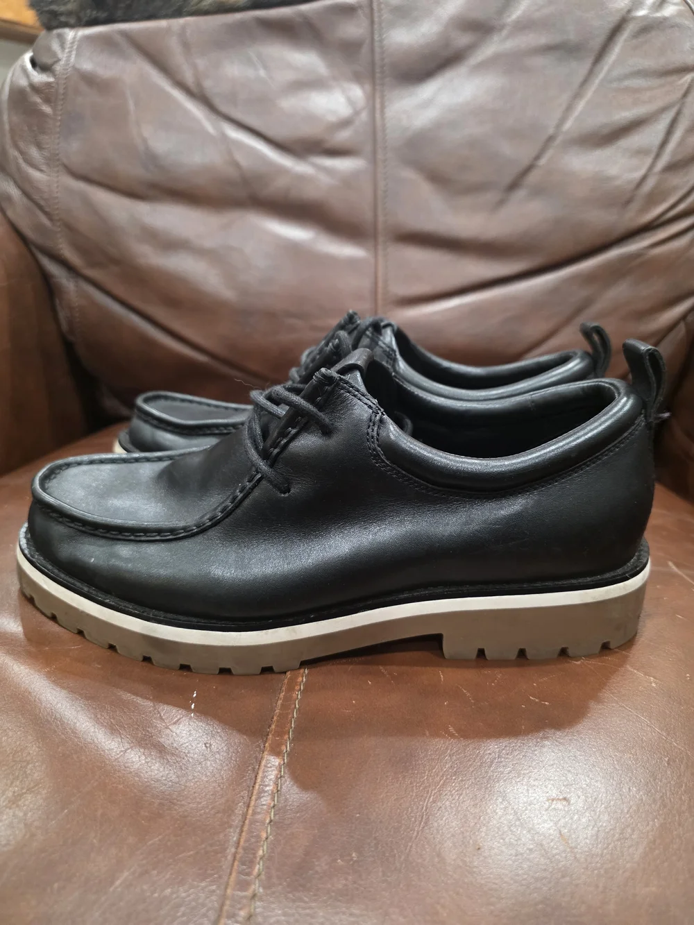 Coach Men's Black Leather Lug-Sole Boots with Cream Contrast Sole